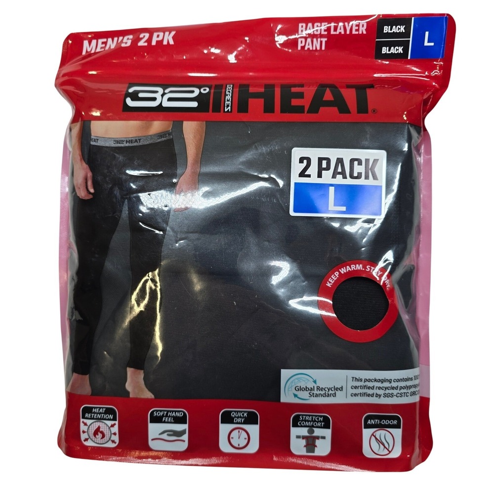 32 Degrees Heat Base Layer Pants 2 Pack Mens Large Black Quick Dry Stretch NEW
